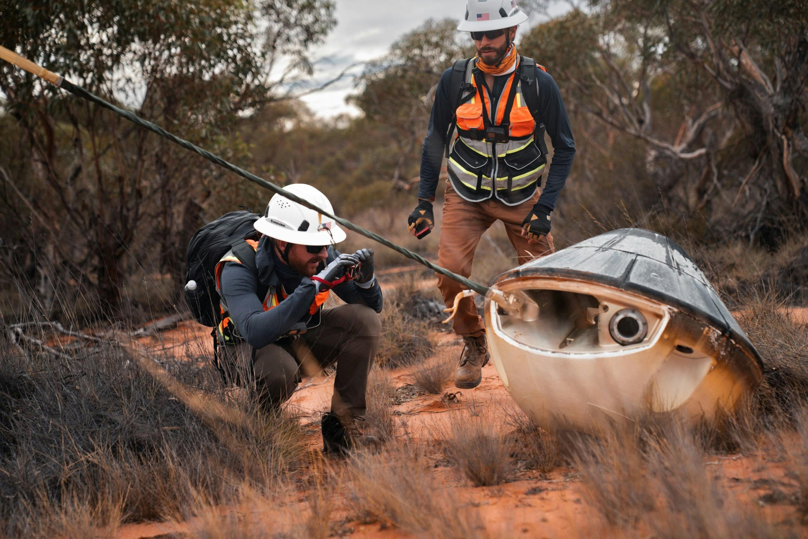 Varda Space Industries engineers recover the W-2 capsule after it landed in Australia after six weeks in orbit. Photo by William Godwin, Courtesy Varda Space Industries.