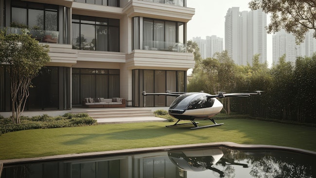 A rendering of an eVTOl in front of a residence.