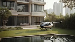 A rendering of an eVTOl in front of a residence. A rendering of an eVTOl in front of a residence.