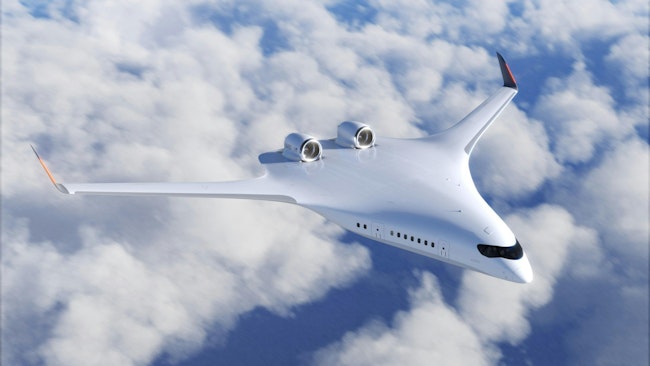 A blended-wing body aircraft flies above the clouds