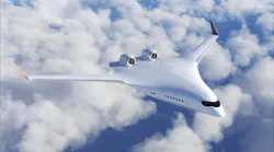 A blended-wing body aircraft flies above the clouds