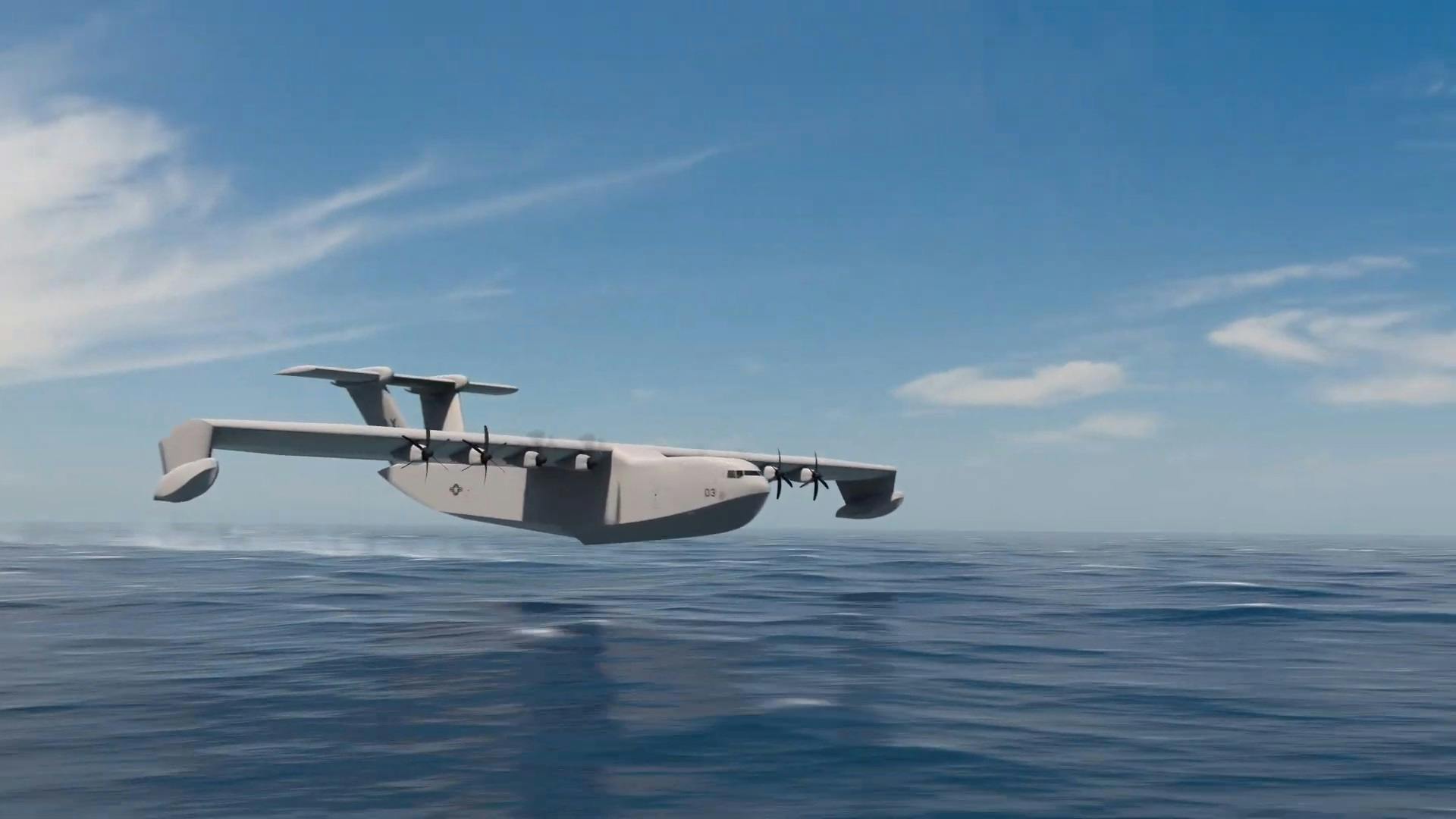 This artist's rendering of the Aurora Flight Sciences Liberty Lifter design depicts a design that resembles a traditional flying boat, with a single hull, high wing, and eight turboprop engines.