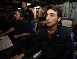 A U.S. Navy surface sonar technician stands watch in the sonar control center aboard the Arleigh Burke-class guided-missile destroyer USS Roosevelt (DDG 80) in the Mediterranean Sea. A U.S. Navy surface sonar technician stands watch in the sonar control center aboard the Arleigh Burke-class guided-missile destroyer USS Roosevelt (DDG 80) in the Mediterranean Sea.