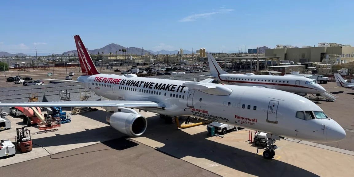 A commercial jet in Honeywell livery