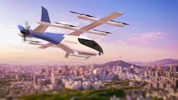 Eve Air Mobility evtol flying in an urban setting in UI Helicopter livery Eve Air Mobility evtol flying in an urban setting in UI Helicopter livery