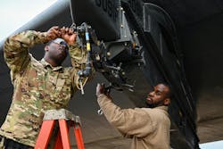 U.S. Air Force technicians prepare a B-52H bomber ejector rack at Barksdale Air Force Base, La., in November 2022 to validate the loading procedures for the Air Force’s first hypersonic weapon. U.S. Air Force technicians prepare a B-52H bomber ejector rack at Barksdale Air Force Base, La., in November 2022 to validate the loading procedures for the Air Force’s first hypersonic weapon.