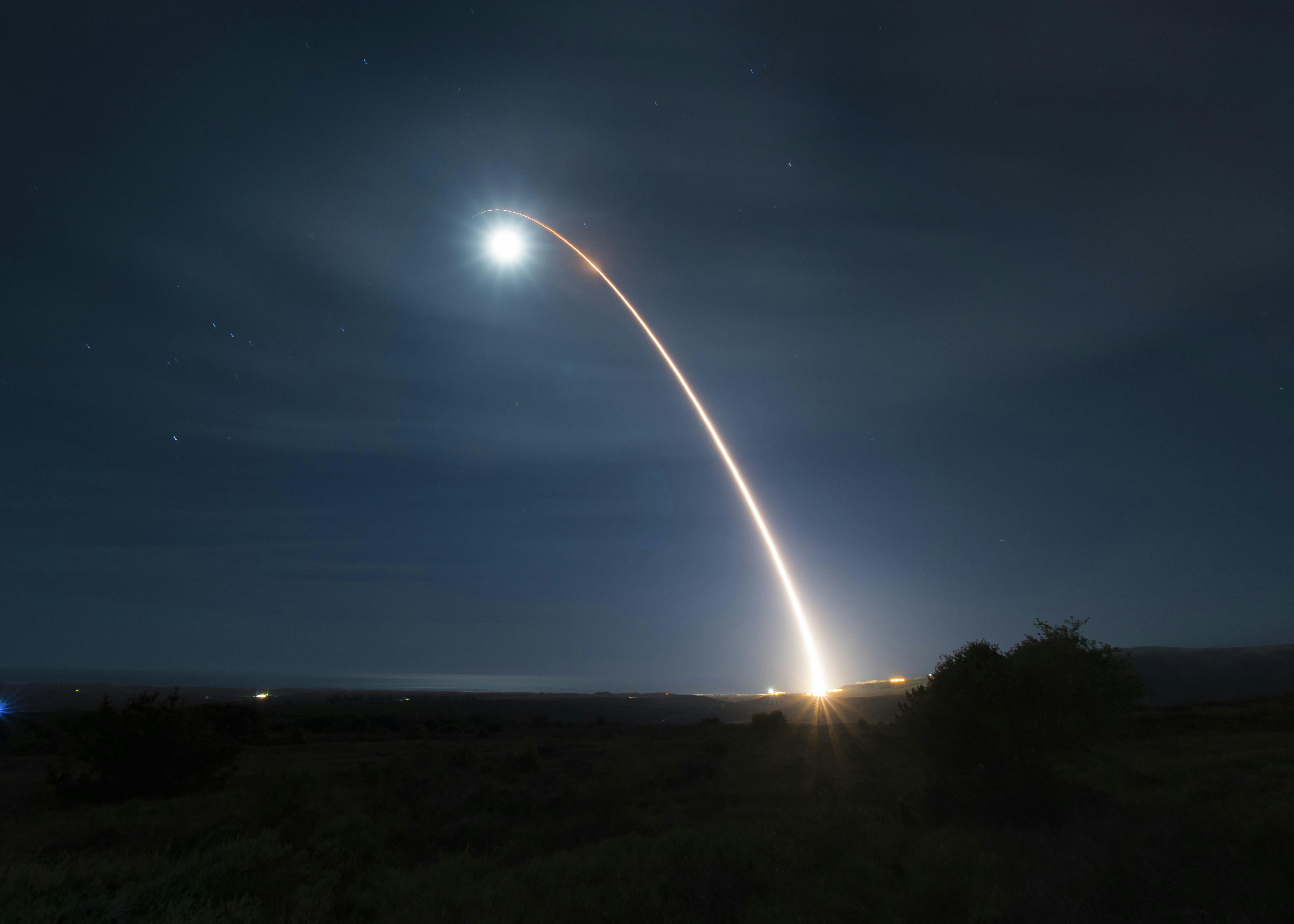 An unarmed Minuteman III intercontinental ballistic missile launches during a developmental test in February 2020 from Vandenberg Air Force Base, Calif.