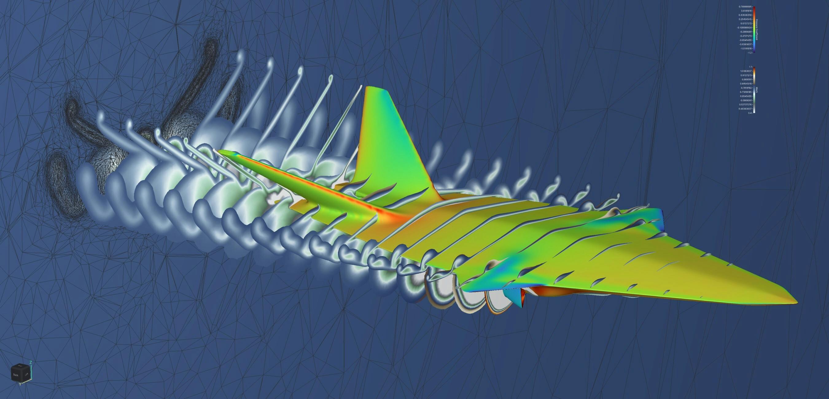 An image of a digital aircraft in a virtual wind tunnel
