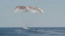 NASA astronauts Nick Hague, Suni Williams, Butch Wilmore, and Roscosmos cosmonaut Aleksandr Gorbunov land in a SpaceX Dragon spacecraft in the water off the coast of Tallahassee, Florida on March 18, 2025. Hague, Gorbunov, Williams, and Wilmore returned from a long-duration science expedition aboard the International Space Station. NASA/Keegan Barber photo.