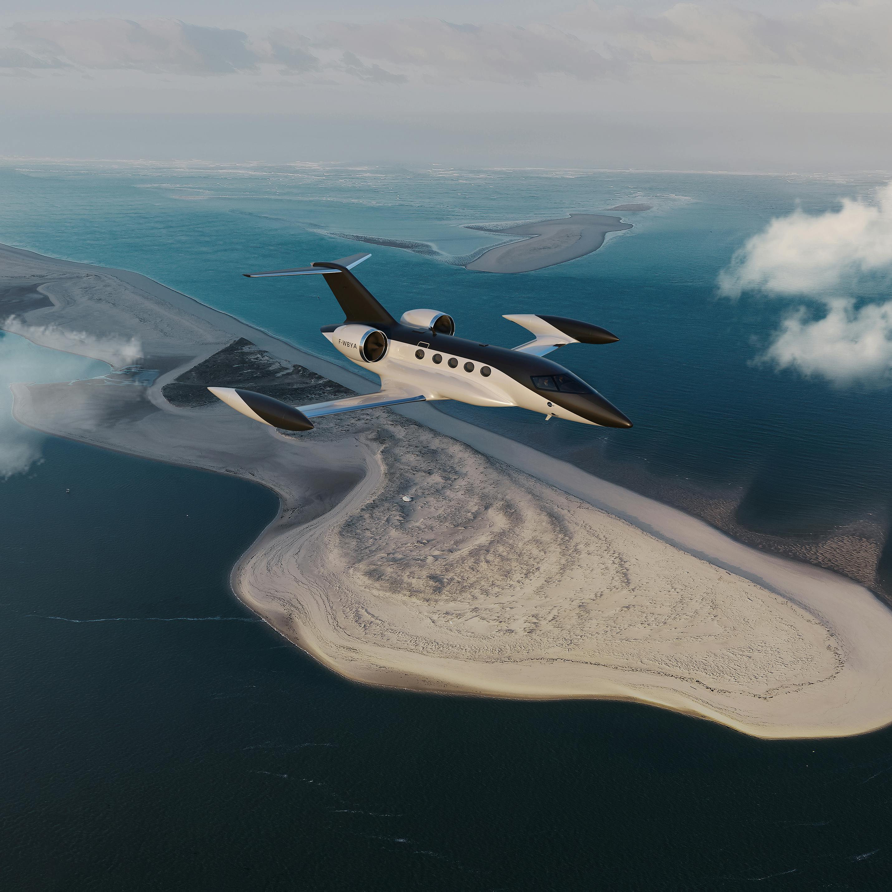 A computer rendering of Beyond Aero's BYA-1 aircraft flying over an island