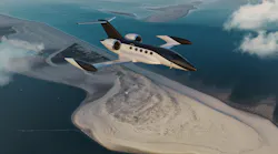 A computer rendering of Beyond Aero's BYA-1 aircraft flying over an island