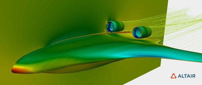A rendering of a blended wing body aircraft in a simulated wind tunnel