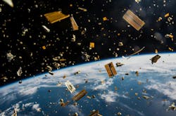 A rendering of space junk in orbit around earth A rendering of space junk in orbit around earth