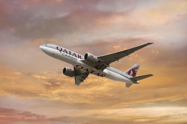 A rendering of a Qatar Airways Cargo aircraft flying