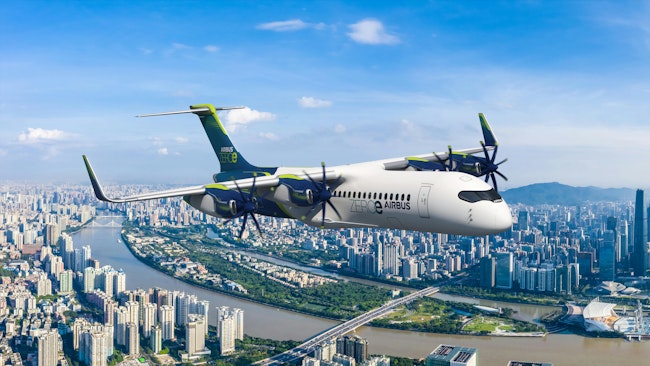 A rendering of a hydrogen-powered airbus commercial aircraft flying over a city