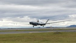 A U.S. Navy MQ-4C assigned to Unmanned Patrol Squadron 19 Triton takes off from the flightline at Marine Corps Air Station Iwakuni, Japan, in 2022. A U.S. Navy MQ-4C assigned to Unmanned Patrol Squadron 19 Triton takes off from the flightline at Marine Corps Air Station Iwakuni, Japan, in 2022.