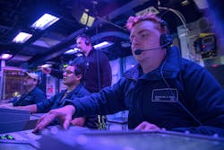 Navy sailors conduct undersea warfare operations aboard Arleigh Burke-class guided-missile destroyer USS Rafael Peralta (DDG 115). Navy sailors conduct undersea warfare operations aboard Arleigh Burke-class guided-missile destroyer USS Rafael Peralta (DDG 115).