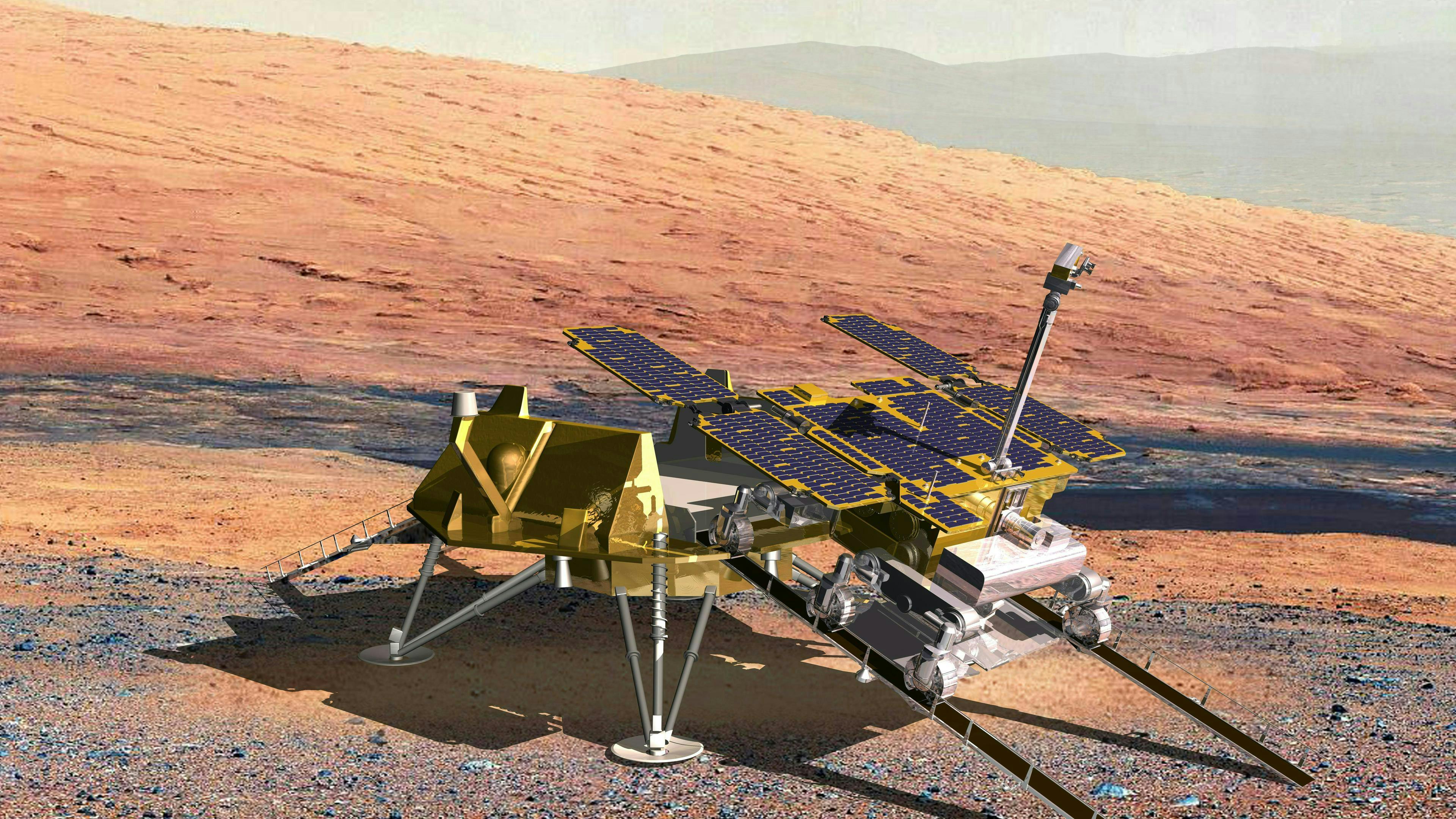 A rendering of the martian rover leaving its landing craft