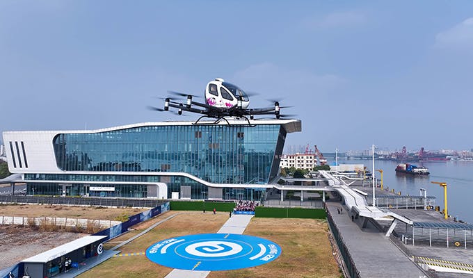 A photo of the EHang evtol aircraft hovering
