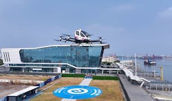 A photo of the EHang evtol aircraft hovering A photo of the EHang evtol aircraft hovering
