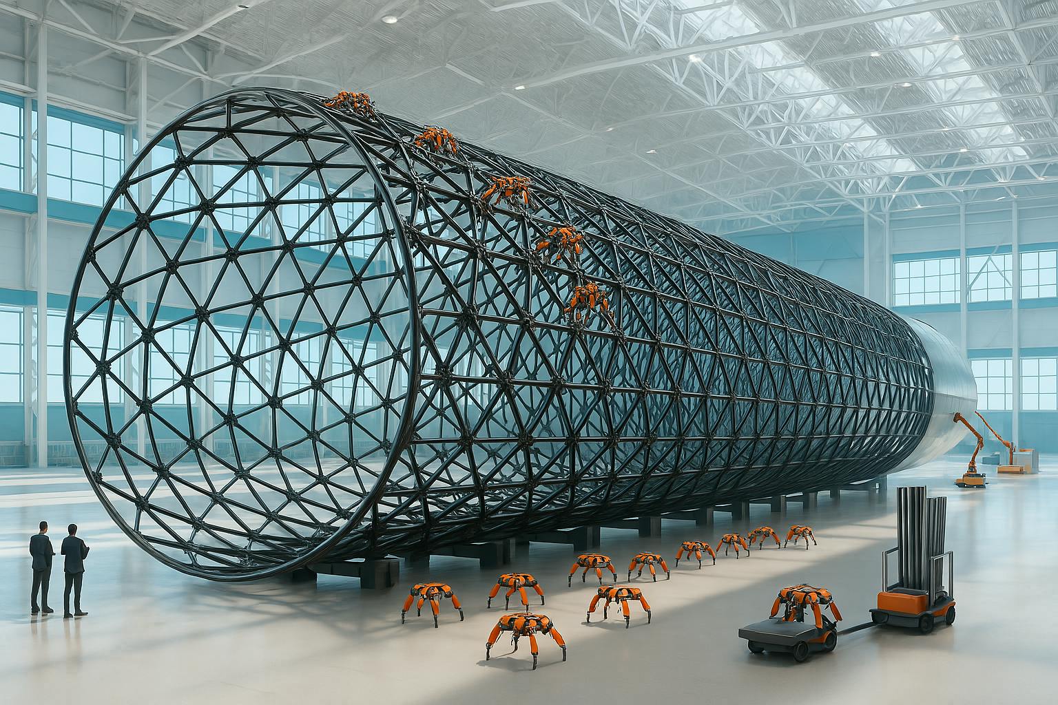 A rendering of robots building an airship
