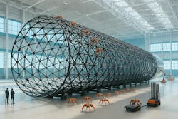 A rendering of robots building an airship A rendering of robots building an airship