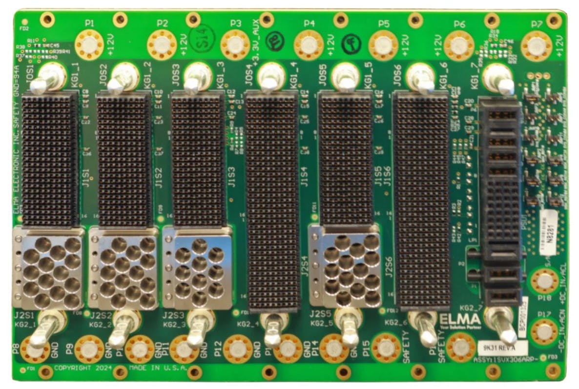 7-slot 3U OpenVPX backplane aligned to SOSA | 6 VITA 65 slots + 1 VITA 62 PSU slot