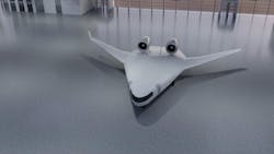 The configuration of the D150-BWB (Blended Wing Body) looks unusual at first glance. The aircraft has a wide, flat fuselage and two top-mounted engines. With the Digital Hangar, DLR provides insights into a possible future for aviation. The digital-hangar.de website is now online. Credit: DLR (CC BY-NC-ND 3.0). The configuration of the D150-BWB (Blended Wing Body) looks unusual at first glance. The aircraft has a wide, flat fuselage and two top-mounted engines. With the Digital Hangar, DLR provides insights into a possible future for aviation. The digital-hangar.de website is now online. Credit: DLR (CC BY-NC-ND 3.0).