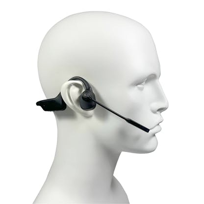 Fits snugly around head and uses bone conduction speakers, allowing ears to hear normal sounds.