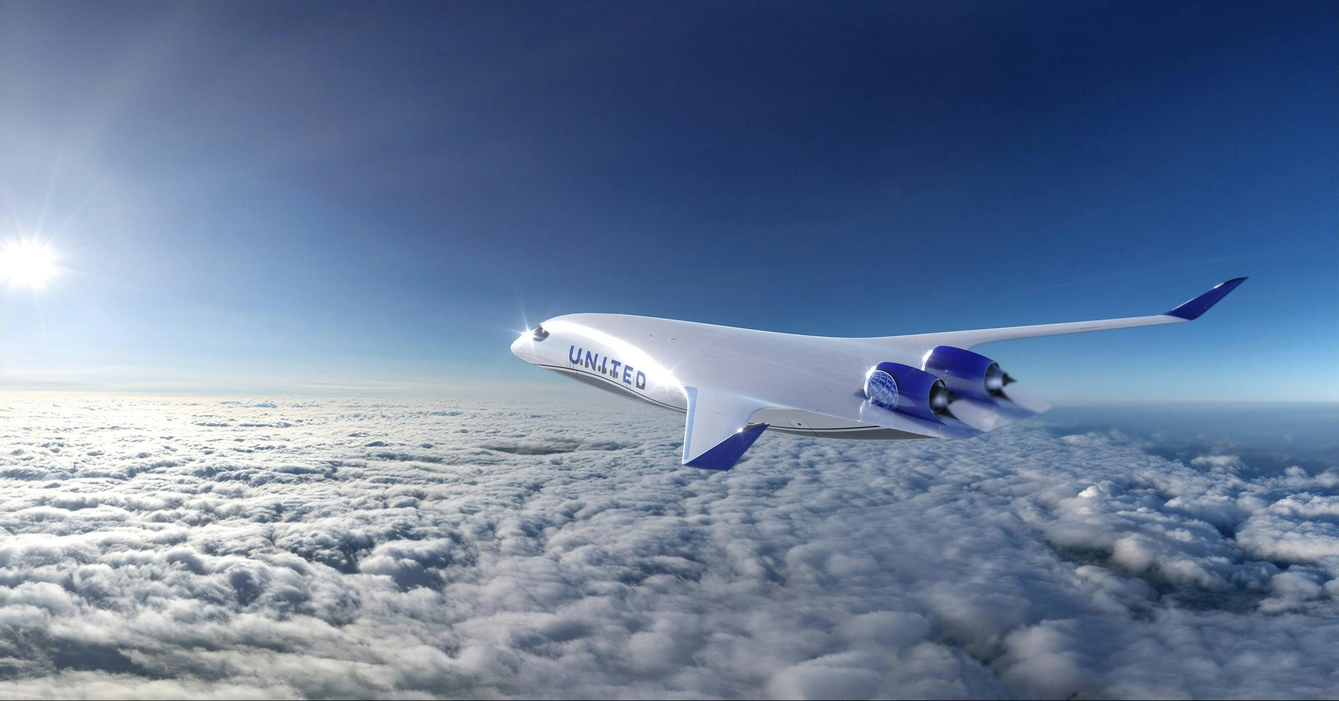 A rendering of JetZero's BWB aircraft in United livery