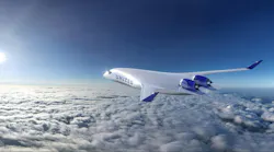 A rendering of JetZero's BWB aircraft in United livery