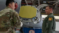 A U.S. Air Force avionics specialist conducts a briefing of the active electronically scanned array (AESA) radar on F-16 jet fighter at Joint Base Andrews, Md., in 2022.