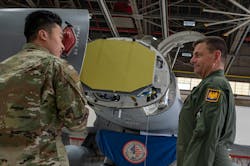 A U.S. Air Force avionics specialist conducts a briefing of the active electronically scanned array (AESA) radar on F-16 jet fighter at Joint Base Andrews, Md., in 2022. A U.S. Air Force avionics specialist conducts a briefing of the active electronically scanned array (AESA) radar on F-16 jet fighter at Joint Base Andrews, Md., in 2022.