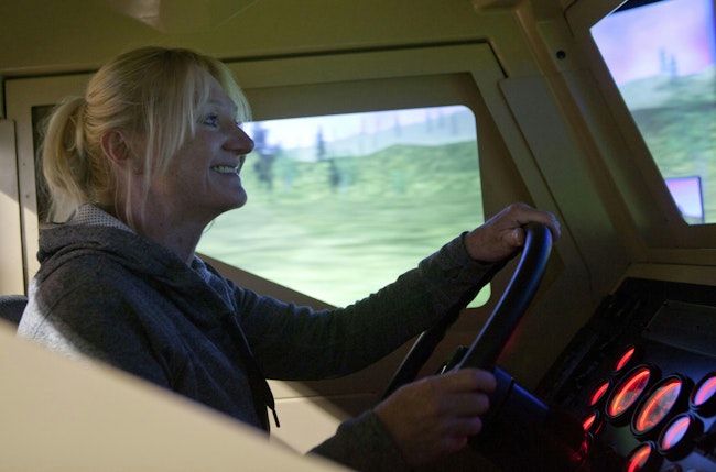 A driver conducts training the tactical vehicle simulation at Camp Johnson, N.C.