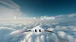 A rendering of the Natilus bwb aircraft flying above the clouds with the company names Palantir and Natilus superimposed above it A rendering of the Natilus bwb aircraft flying above the clouds with the company names Palantir and Natilus superimposed above it