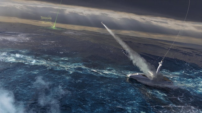 In this artist's concept for the Pulling Guard program, the armed remotely operated tow-behind surface vessel engages an incoming pirate vessel to protect an unarmed ship