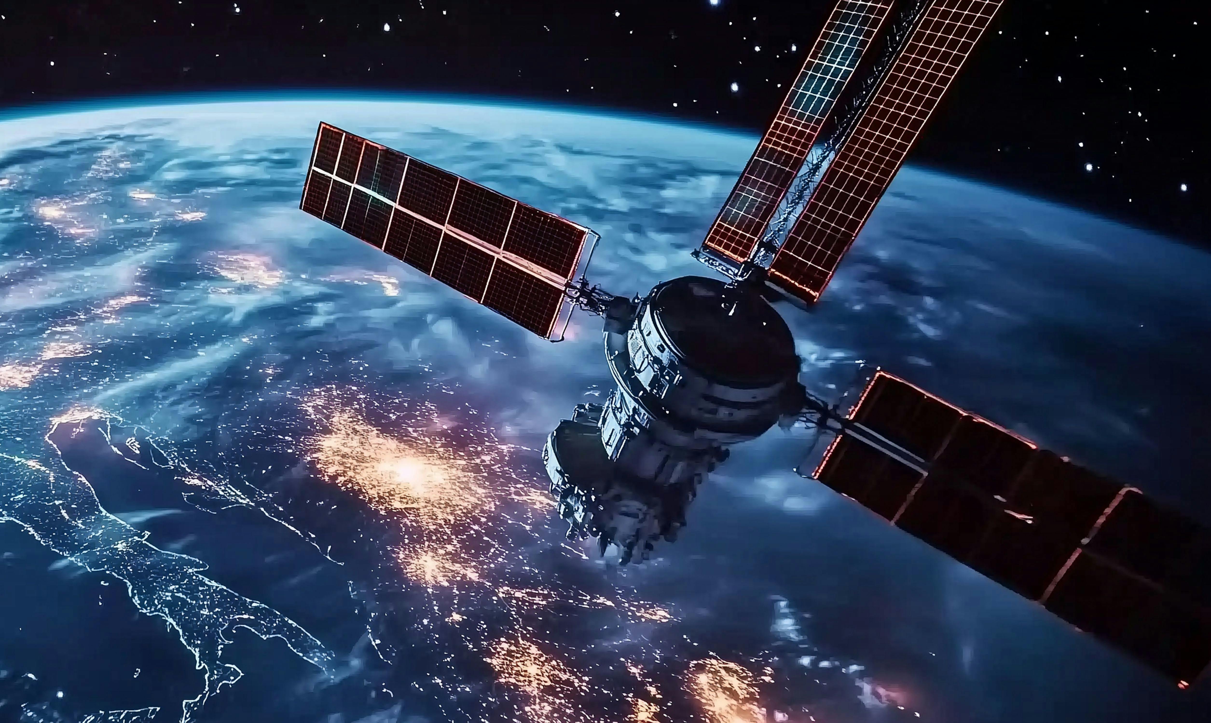 Monitoring troop movements from a space station orbiting Earth during nighttime over Europe. A space station observes troop movements on the ground while illuminating cities and regions across Europe during the night, showcasing global military dynamics