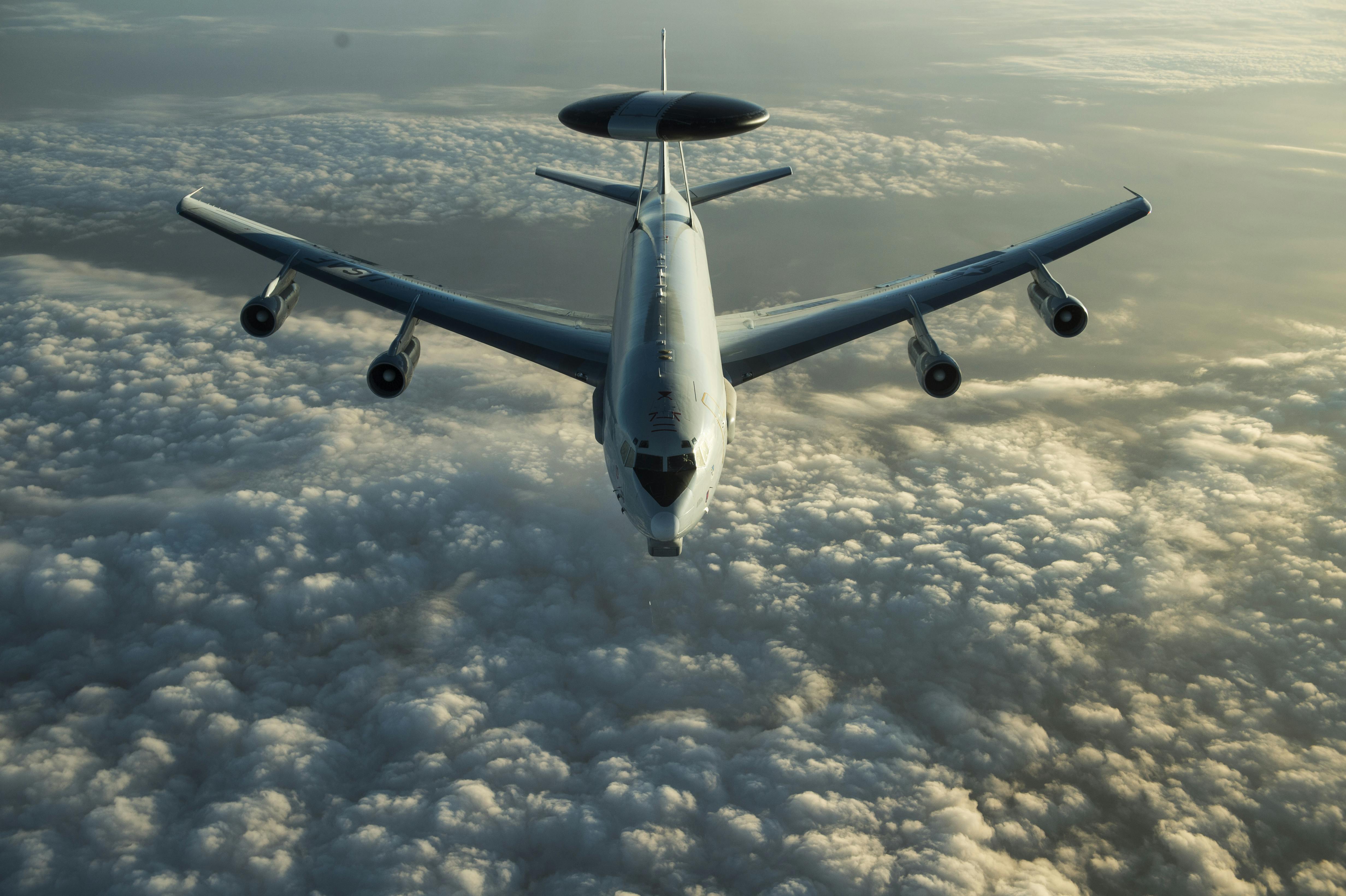 The U.S. Air Force Boeing E-3 AWACS aircraft patrols Iraqi and Syrian airspace for tactical air control capability over contested airspace with limited ground radar during combat missions.