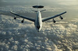 The U.S. Air Force Boeing E-3 AWACS aircraft patrols Iraqi and Syrian airspace for tactical air control capability over contested airspace with limited ground radar during combat missions. The U.S. Air Force Boeing E-3 AWACS aircraft patrols Iraqi and Syrian airspace for tactical air control capability over contested airspace with limited ground radar during combat missions.
