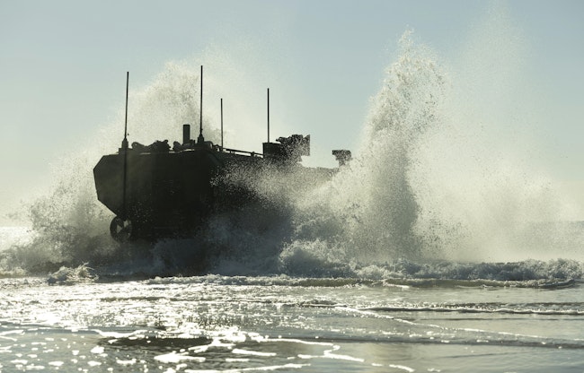 ACVs are wheeled armored combat vehicles able to move Marine infantry warfighters from ships offshore to fight their way onto invasion beaches.