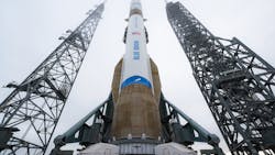 Low angle picture of a Blue Origin New Glenn rocket on the launch pad Low angle picture of a Blue Origin New Glenn rocket on the launch pad