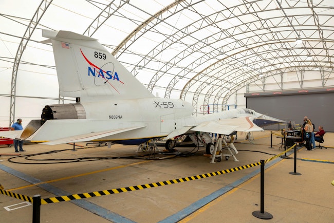 NASA’s X-59 quiet supersonic research aircraft is seen during its “aluminum bird” systems testing at Lockheed Martin’s Skunk Works facility in Palmdale, California. The test verified how the aircraft’s hardware and software work together, responding to pilot inputs and handling injected system failures. Lockheed Martin / Garry Tice photo.