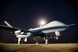 An MQ-9 Reaper sits on the 361 Expeditionary Attack Squadron flightline. The MQ-9 is an unmanned aircraft capable of remote-controlled or autonomous flight. The Reaper integrates an infrared sensor, color, monochrome daylight TV camera, shortwave infrared camera, laser designator, and laser illuminator. U.S. Air Force photo An MQ-9 Reaper sits on the 361 Expeditionary Attack Squadron flightline. The MQ-9 is an unmanned aircraft capable of remote-controlled or autonomous flight. The Reaper integrates an infrared sensor, color, monochrome daylight TV camera, shortwave infrared camera, laser designator, and laser illuminator. U.S. Air Force photo