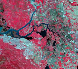 The NASA Advanced Spaceborne Thermal Emission and Reflection Radiometer (ASTER) captured this image of the Sacramento-San Joaquin River Delta, Calif., in which red indicates vegetation, dark blue indicates water, and blue-gray areas indicate buildings and paved surfaces. The NASA Advanced Spaceborne Thermal Emission and Reflection Radiometer (ASTER) captured this image of the Sacramento-San Joaquin River Delta, Calif., in which red indicates vegetation, dark blue indicates water, and blue-gray areas indicate buildings and paved surfaces.