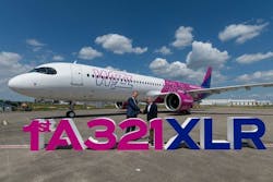 A photo of two business people shaking hands in front of the Wizz Air GTF powered A321xlr A photo of two business people shaking hands in front of the Wizz Air GTF powered A321xlr