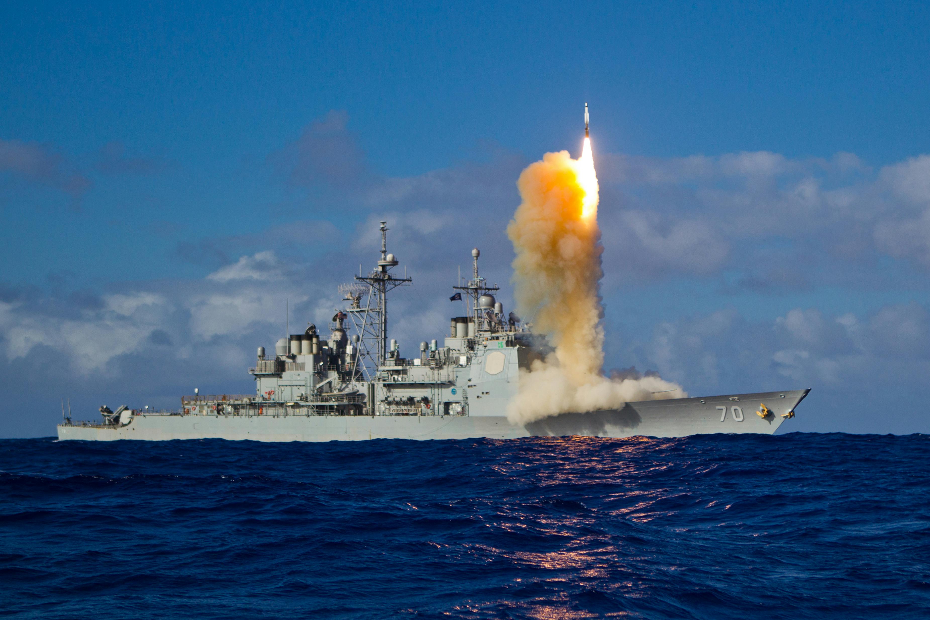 An SM-3 Block 1B missile launches from the guided-missile cruiser USS Lake Erie (CG 70) during a 2013 Missile Defense Agency and U.S. Navy test in the mid-Pacific. The ship is set for decommissioning sometime this year.