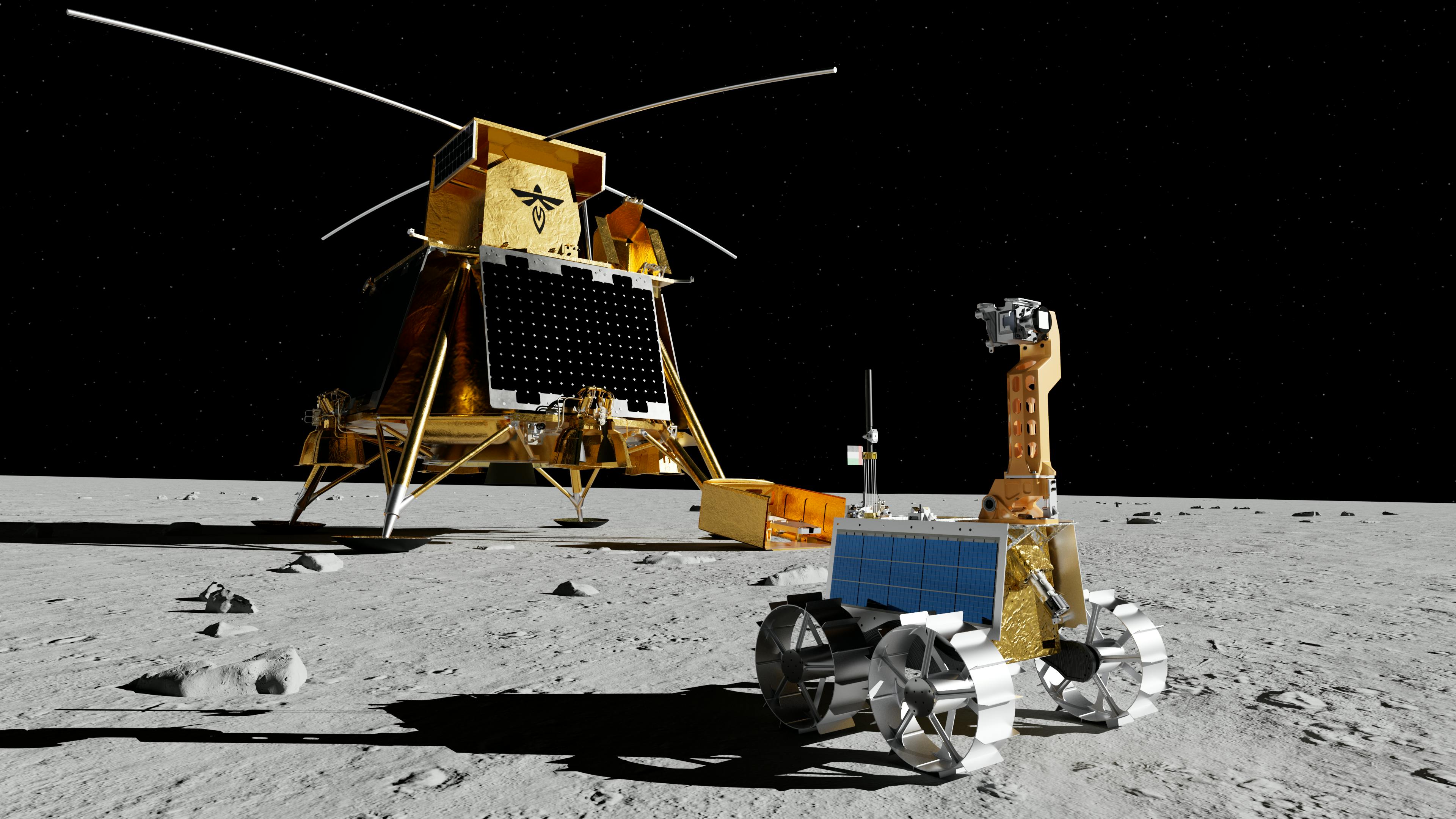 A rendering of Firefly Aerospace's lander and the UAE rover on the moon