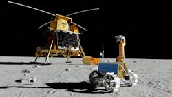 A rendering of Firefly Aerospace's lander and the UAE rover on the moon A rendering of Firefly Aerospace's lander and the UAE rover on the moon