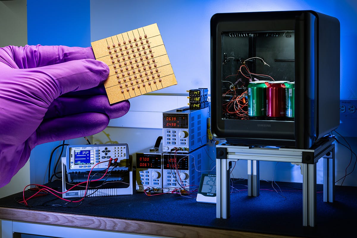 Researchers at APL have developed new materials called CHESS that significantly improve the efficiency of thermoelectric cooling devices. Johns Hopkins APL/Ed Whitman image.
