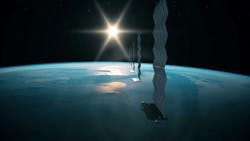 Silhouette view of a fleet of Internet Starlink satellites in orbit. A line of Starlink satellites providing internet connection from space with the sun in the horizon. Silhouette view of a fleet of Internet Starlink satellites in orbit. A line of Starlink satellites providing internet connection from space with the sun in the horizon.